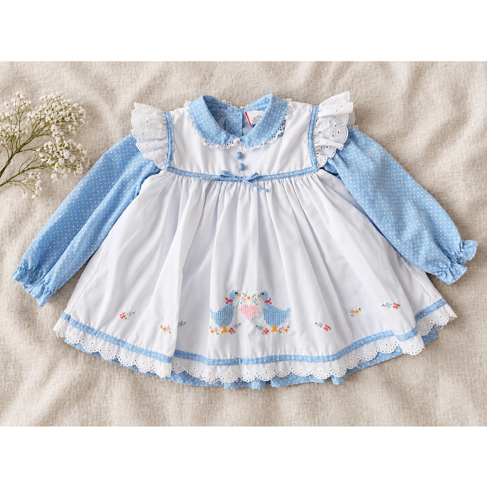 Vintage Baby Togs Blue Goose Pinafore Dress | Girls 24M | Embroidered Eyelet